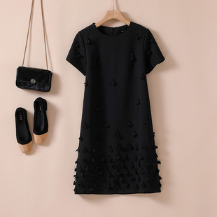 气质短袖小黑裙钉珠流苏花朵，a字型显瘦连衣裙2024夏季女装