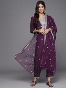 印度进口民族风套装，含裤子围巾刺绣丝，混纺高级感紫色3件套