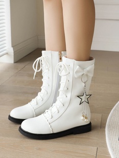 女童马丁靴2023秋冬白色，儿童中筒靴小女孩，大童演出皮靴加绒
