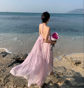 三亚海边度假风沙滩裙性感露背淡紫色雪纺大摆仙气长裙拍照女神