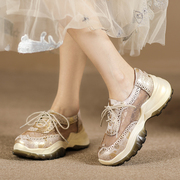 原创时尚系带平底运动鞋2024年女夏布洛克真皮网面厚底单鞋女