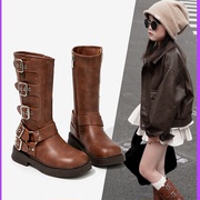 法国fadsincgo女童鞋子儿童，长筒高筒长靴秋冬季加绒黑色皮靴洋气