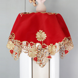 红色盖布圆形柜机喜庆红色美的格力空调罩盖巾蕾丝刺绣婚房大红