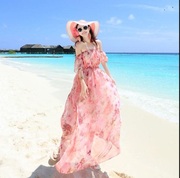 度假2层沙滩裙一字肩，雪纺连衣裙夏季甜美显瘦公主裙露肩气质长裙