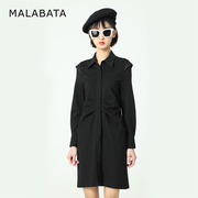 malabata连衣裙女2023年长袖，pu拼接收腰，褶皱修身黑色衬衫裙