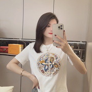 新中式中国风短袖t恤女夏2024显瘦修身圆领时尚刺绣独特别致上衣
