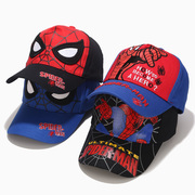 蓝色男童蜘蛛侠帽子儿童春秋季棒球帽子卡通，超人红色鸭舌遮阳帽子