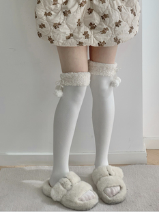 roji羊羔毛Lolita袜子女秋冬毛绒过膝大腿袜纯色毛球厚洛丽塔瘦腿