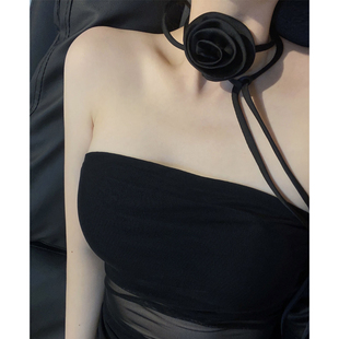 blackrose黑色玫瑰花朵立体颈链，女小众设计复古绑带项链纯欲