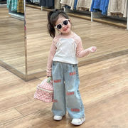 新中式童装女童针织长袖上衣2024春季设计感女宝宝上衣牛仔裤套装