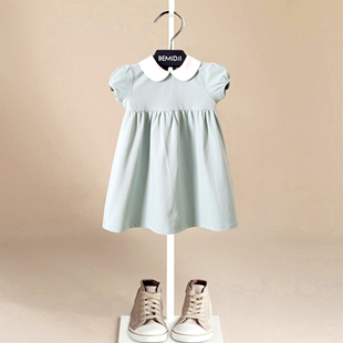伯米吉夏装显白女童纯色，娃娃领连衣裙短袖，气质儿童学院风公主裙子