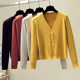 2022秋季韩版宽松黄色，毛衣外套短款外搭长袖v领针织衫女开衫