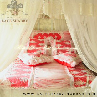 LACESHABBY进口定制红色梦幻婚礼奢华钉珠浮雕蕾丝布艺床品多件套
