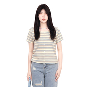 赫宁大码短袖上衣女2024夏季微胖mm韩版撞色条纹方领气质小衫