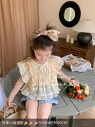 milaikoko韩版儿童上衣女童夏款洋气时尚短袖雪纺衫宝宝蕾丝衫