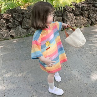 2023夏季儿童条纹童装韩版女童洋气中长款短袖T恤彩虹连衣裙.