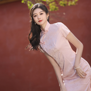 粉色旗袍新中式改良年轻款少女2024小个子甜美连衣裙夏季日常