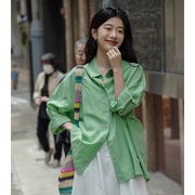 觅定绿色长袖衬衫外套女设计感小众气质衬衣2024年韩系上衣