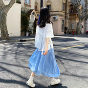 自制日式不规则天蓝色半身裙女个性小众设计感超仙甜美学生中长款