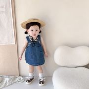 女童套装2023夏装韩版婴幼儿童条纹无袖背心牛仔背带裙两件套