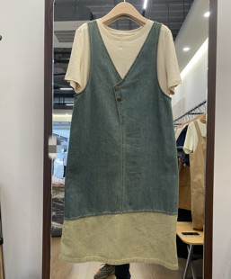 韩国24夏新纯色短袖，上衣不规则扣背心，裙韩版两件套撞色牛仔连衣裙