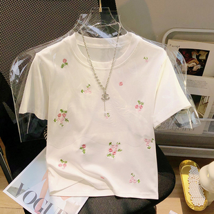 2024夏季韩版甜美小清新花朵刺绣白色短袖t恤女减龄圆领上衣