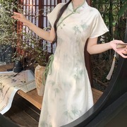 夏季新中式国风小清新少女绿色改良旗袍连衣裙胖妹妹修身时尚长裙