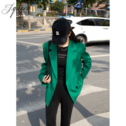 绿色西装外套女2024春季韩版宽松休闲洋气双排扣高级感小西服