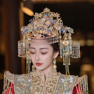中式民族风发饰套装大气金色，凤冠流苏古典华丽高级古装秀禾服头饰