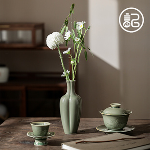 记今朝《越窑青瓷》陶瓷小号花瓶，中式禅意高级感摆件客厅茶室茶桌