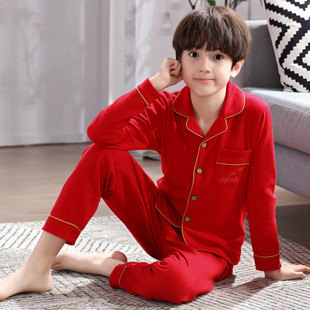 春秋季男童睡衣纯棉长袖，儿童中大童，男孩宝宝本命年红色家居服套装