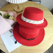 秋冬礼帽英伦红色平顶帽韩版绅士爵士帽本命年红色礼帽舞台表演帽