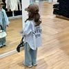 韩版童装女童条纹衬衫2024春装儿童宽松上衣男童字母外套裤子