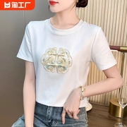 新中式刺绣盘扣短袖t恤女夏季显瘦百搭国风上衣，时尚设计感t恤