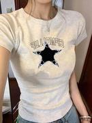 美式复古花灰色星星字母短袖T恤女夏季辣妹修身显瘦正肩上衣