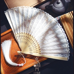 中国风小折扇黑色蕾丝古风扇子，复古典女士旗袍舞蹈扇夏季折叠白色