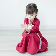 儿童汉服小女孩唐装纯棉春夏古装，长袖幼儿宝宝，红色套装女孩两件套