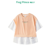 青蛙王子假两件短袖t恤小女孩，五分袖夏季童装，中大童圆领拼接半袖