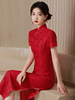 红色蕾丝旗袍长款2024年优雅春订婚回门礼服裙子新中式年轻款