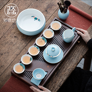 如瓷动人手绘功夫茶具套装家用简约陶瓷盖碗泡茶壶整套喝茶杯高档