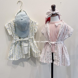 80-130日系女童纯棉碎花拼接短袖T恤+梭织短袖裙式外套（分开拍）