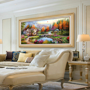 美式油画客厅挂画沙发背景墙，装饰画山水画风景手绘欧式壁画高级感