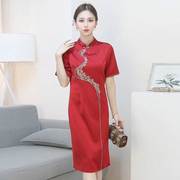 夏款中长款国风优雅修身时尚红色礼服裙立领短袖中式旗袍连衣裙