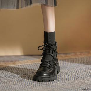 香港马丁靴真皮薄款女2023年夏季靴子厚底女靴单靴黑色短靴潮