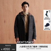 gentspace秋冬男士格纹羊毛混纺，可脱卸连帽内胆单排扣大衣