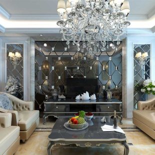 欧式艺术玻璃拼镜客餐厅电视沙发方菱形金茶灰黑镜影视玄关背景墙
