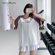 maxrun开叉运动T恤女宽松速干跑步罩衫短袖瑜伽服大码健身服上衣