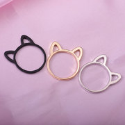 日韩简约创意设计镂空小猫咪猫耳朵戒指，动物卡通饰品镀黑色指环