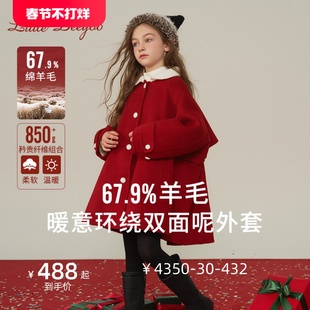 女童新年款羊绒大衣2023冬季呢子，大衣大儿童，红色斗篷毛呢外套