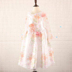 夏季童装女童白底粉色花，多层柔软纱长袖，连衣裙公主裙欧美单